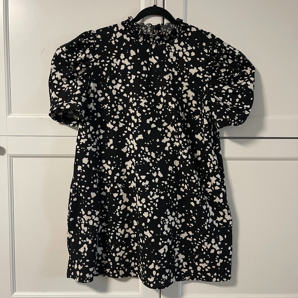 Who What Wear Black White Splatter Puff Sleeve Mini Dress Linen Blend XL Pockets